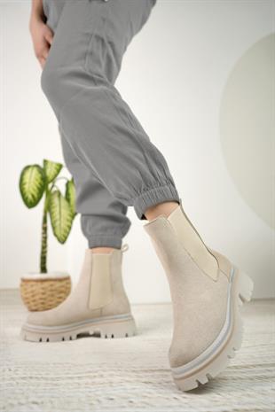 Nesil Shoes Dvm 5004 Bej Süet Çift Lastikli Kadın Bot