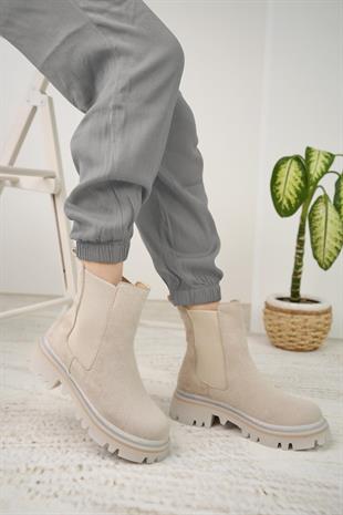 Nesil Shoes Dvm 5004 Bej Süet Çift Lastikli Kadın Bot