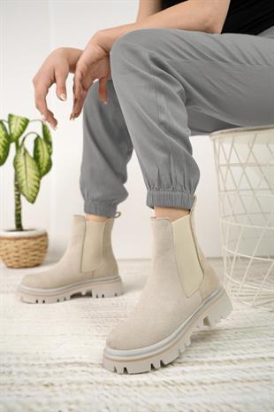 Nesil Shoes Dvm 5004 Bej Süet Çift Lastikli Kadın Bot