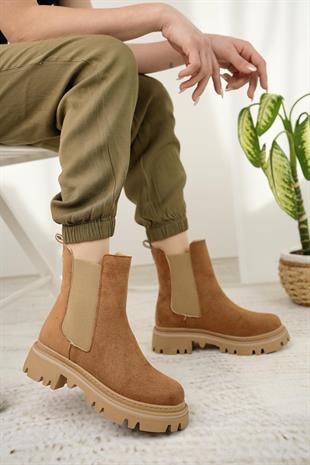 Nesil Shoes Dvm 5004 Taba Süet Çift Lastikli Kadın Bot