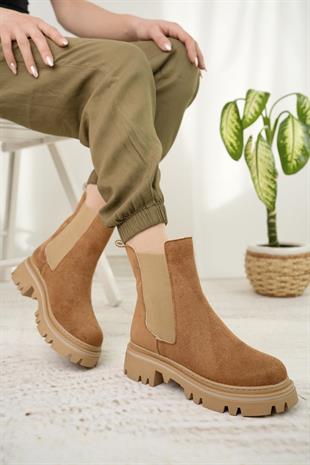 Nesil Shoes Dvm 5004 Taba Süet Çift Lastikli Kadın Bot