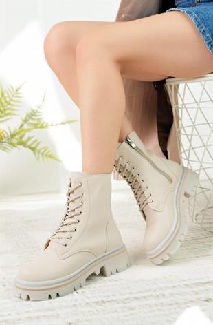 Nesil Shoes Dvm 5010 Bej Bağcıklı Kadın Bot