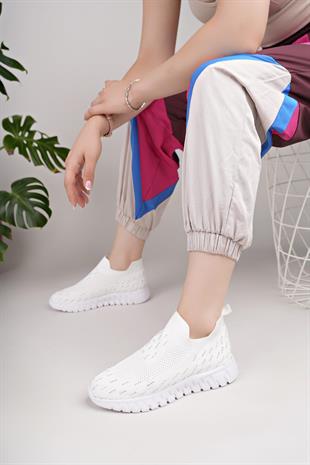 Nesil Shoes Dvm 502 Beyaz Triko Örgü Taşlı Kadın Sneakers