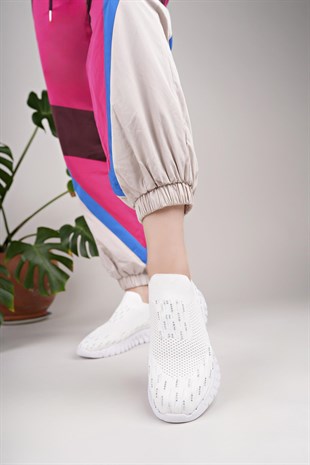 Nesil Shoes Dvm 502 Beyaz Triko Örgü Taşlı Kadın Sneakers