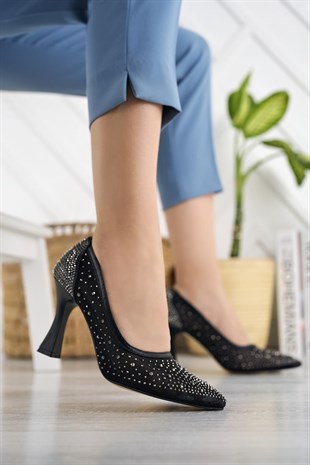Nesil Shoes Elva 150 Siyah Tül Üzeri Taşlı Topuklu Kadın Stiletto