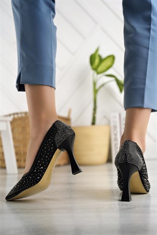 Nesil Shoes Elva 150 Siyah Tül Üzeri Taşlı Topuklu Kadın Stiletto