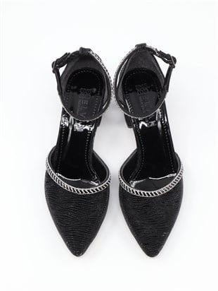 Nesil Shoes Elva 45029 Siyah Simli Topuklu Kadın Ayakkabı