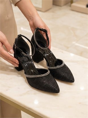 Nesil Shoes Elva 45029 Siyah Simli Topuklu Kadın Ayakkabı