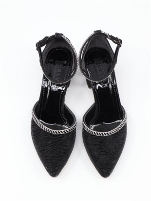 Nesil Shoes Elva 45029 Siyah Simli Topuklu Kadın Ayakkabı