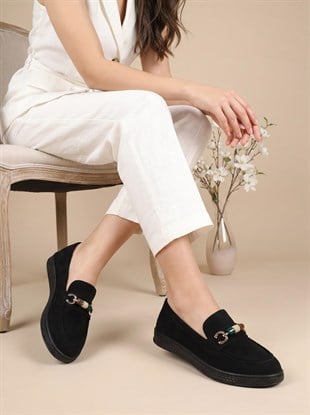 Nesil Shoes Ermod 035 Siyah Süet Makosen Kadın Ayakkabı
