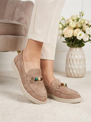 Nesil Shoes Ermod 035 Vizon Süet Makosen Kadın Ayakkabı