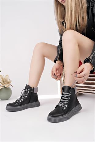 Nesil Shoes Ermod 401 Siyah Gri  Kadın Postal Bot