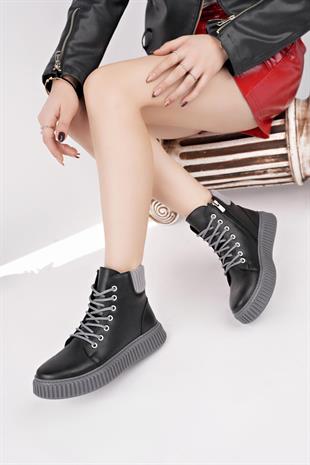 Nesil Shoes Ermod 401 Siyah Gri  Kadın Postal Bot