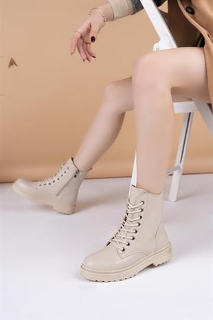 Nesil Shoes Ermod 615 Bej Tabanı Dikişli Kadın Postal Bot