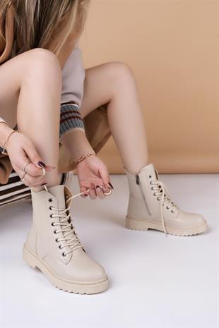 Nesil Shoes Ermod 615 Bej Tabanı Dikişli Kadın Postal Bot