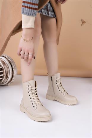 Nesil Shoes Ermod 615 Bej Tabanı Dikişli Kadın Postal Bot