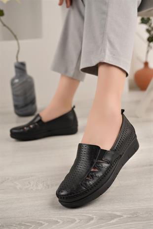 Nesil Shoes Erol 1255 Siyah Hakiki Deri Yazlık Kadın Ayakkabı