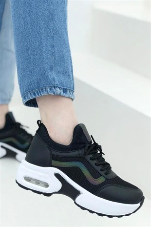 Nesil Shoes Flet 121 Siyah Beyaz Air Taban Kadın Sneakers
