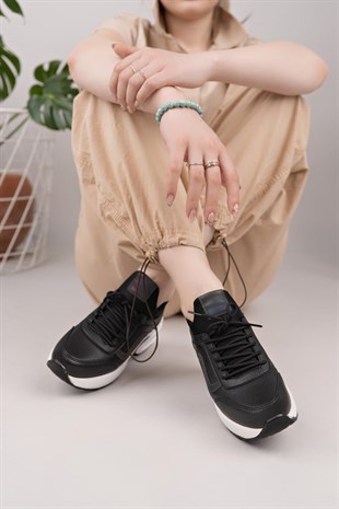 Nesil Shoes Flet 121 Siyah Beyaz Air Taban Kadın Sneakers