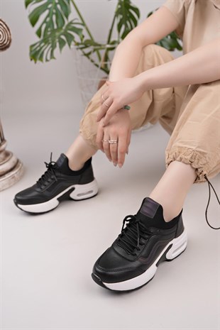 Nesil Shoes Flet 121 Siyah Beyaz Air Taban Kadın Sneakers