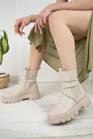 Nesil Shoes Fncy 205 Bej Çift Lastikli Kadın Bot