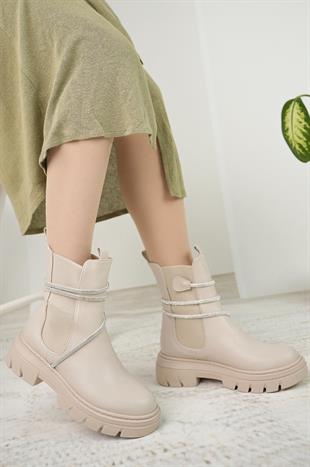 Nesil Shoes Fncy 205 Bej Çift Lastikli Kadın Bot