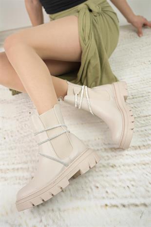 Nesil Shoes Fncy 205 Bej Çift Lastikli Kadın Bot