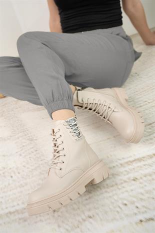 Nesil Shoes Fncy 206 Bej Fermuarlı Kadın Bot