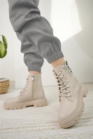 Nesil Shoes Fncy 206 Bej Fermuarlı Kadın Bot