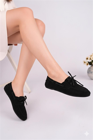 Nesil Shoes Gabbel 300 Siyah Süet Bağcıklı Kadın Babet
