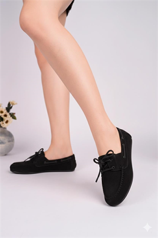 Nesil Shoes Gabbel 300 Siyah Süet Bağcıklı Kadın Babet