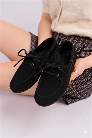 Nesil Shoes Gabbel 300 Siyah Süet Bağcıklı Kadın Babet