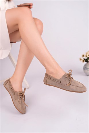 Nesil Shoes Gabbel 300 Vizon Süet Bağcıklı Kadın Babet