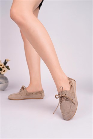 Nesil Shoes Gabbel 300 Vizon Süet Bağcıklı Kadın Babet