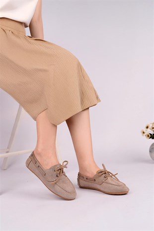 Nesil Shoes Gabbel 300 Vizon Süet Bağcıklı Kadın Babet