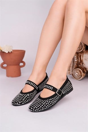Nesil Shoes Gabbel 305 Siyah Süet Gümüş Taşlı Kadın Babet