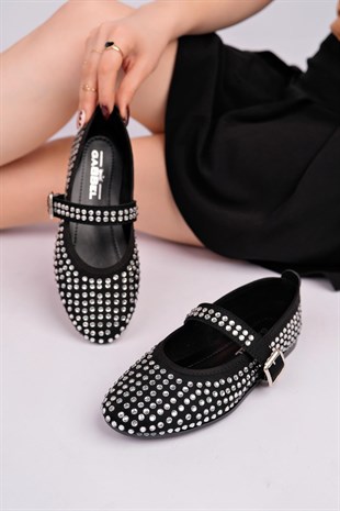 Nesil Shoes Gabbel 305 Siyah Süet Gümüş Taşlı Kadın Babet