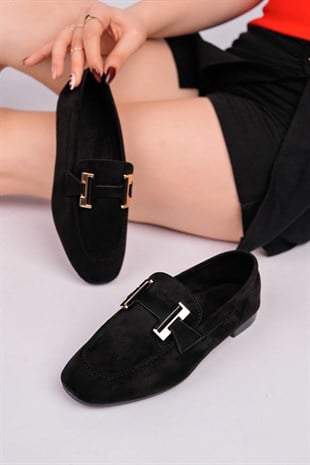 Nesil Shoes Gabbel 305 Siyah Süet Siyah Taşlı Kadın Babet