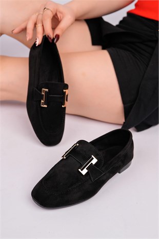 Nesil Shoes Gabbel 305 Siyah Süet Siyah Taşlı Kadın Babet