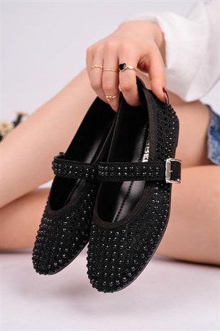 Nesil Shoes Gabbel 305 Siyah Süet Siyah Taşlı Kadın Babet