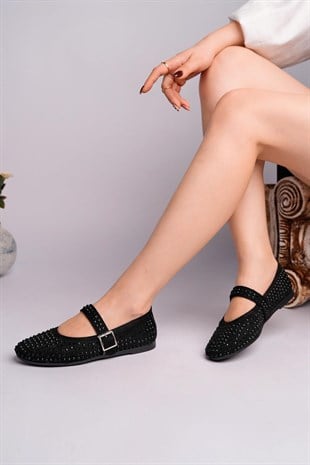 Nesil Shoes Gabbel 305 Siyah Süet Siyah Taşlı Kadın Babet