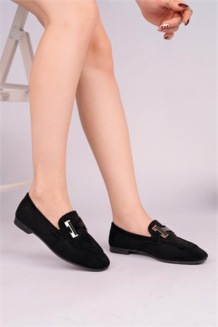 Nesil Shoes Gabbel 305 Siyah Süet Siyah Taşlı Kadın Babet