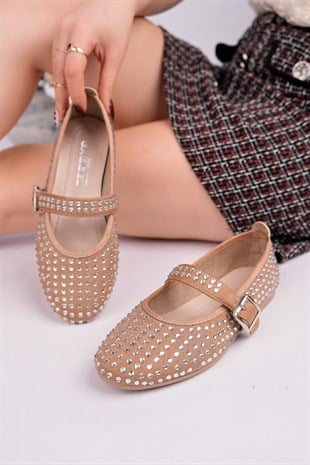 Nesil Shoes Gabbel 305 Vizon Süet Gümüş Taşlı Kadın Babet