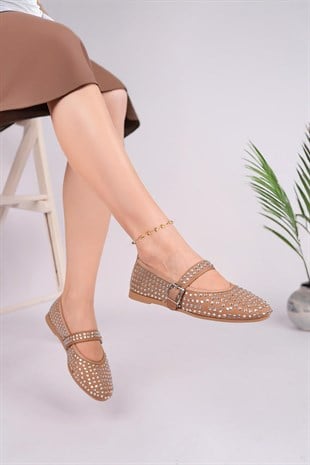 Nesil Shoes Gabbel 305 Vizon Süet Gümüş Taşlı Kadın Babet