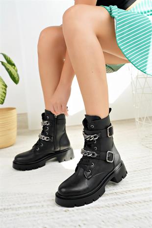 Nesil Shoes İfs 302 Siyah Çift Tokalı Kadın Bot