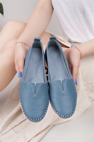 Nesil Shoes Knc 033 Mavi Hakiki Soft Deri Kadın Ayakkabı