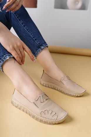 Nesil Shoes Knc 10 Bej Hakiki Deri Şeffaf Taban Kadın Ayakkabı