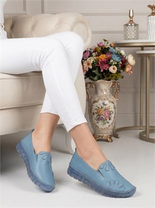 Nesil Shoes Knc 10 Mavi Hakiki Deri Şeffaf Taban Kadın Ayakkabı