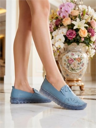 Nesil Shoes Knc 10 Mavi Hakiki Deri Şeffaf Taban Kadın Ayakkabı