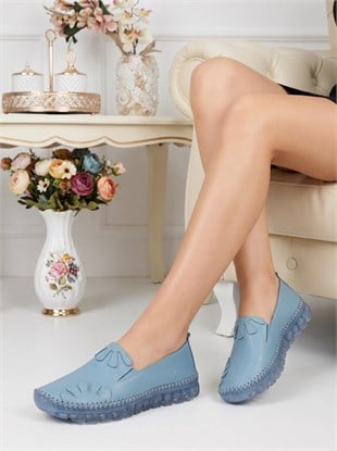 Nesil Shoes Knc 10 Mavi Hakiki Deri Şeffaf Taban Kadın Ayakkabı